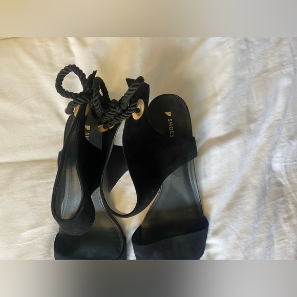 Shoes Of Prey Black Leather Suede Low Block Cork Heel Ankle Ties SZ US 12 Custom - Picture 6 of 15